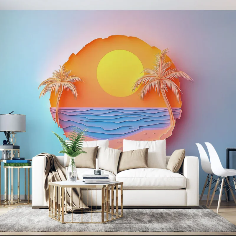 Authentique Papier peint coucher de soleil Paysage tropical en papier découpé avec palmiers et océan
