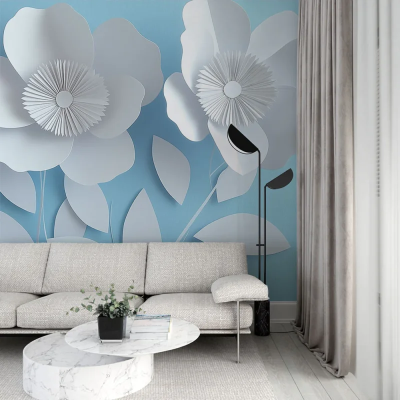 Papier peint fleurs en papier Fleurs blanches élégantes sur fond bleu Achat Immédiat