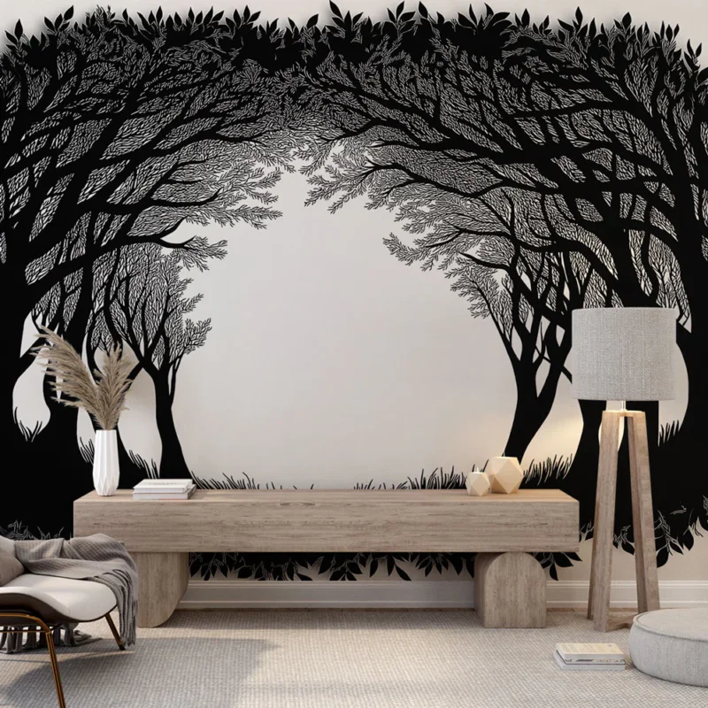 Papier peint forêt ombre Silhouette de forêt en noir et blanc Super Prix