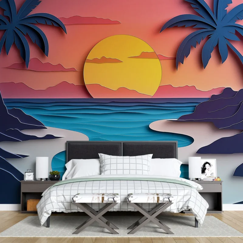 Acheter En Ligne Papier peint coucher de soleil Scène tropicale stylisée avec palmiers et vagues