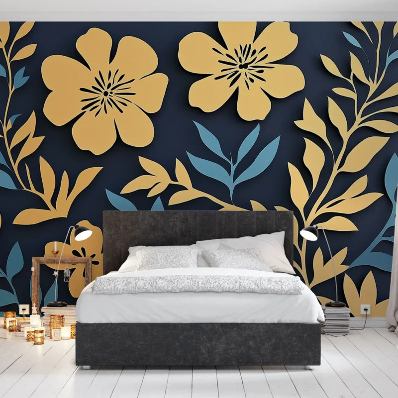 Papier peint floral Fleurs et feuillages découpés en papiers jaune et bleu Bon Plan
