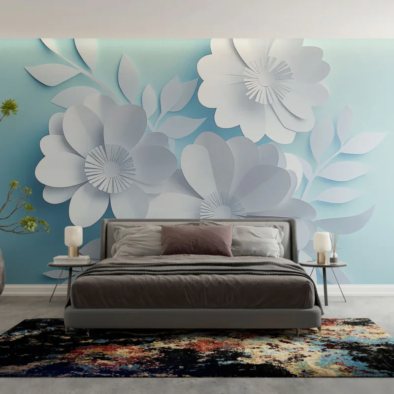 Papier peint fleurs en papier Motif élégant de fleurs blanches en papier sur fond bleu Acheter En Ligne