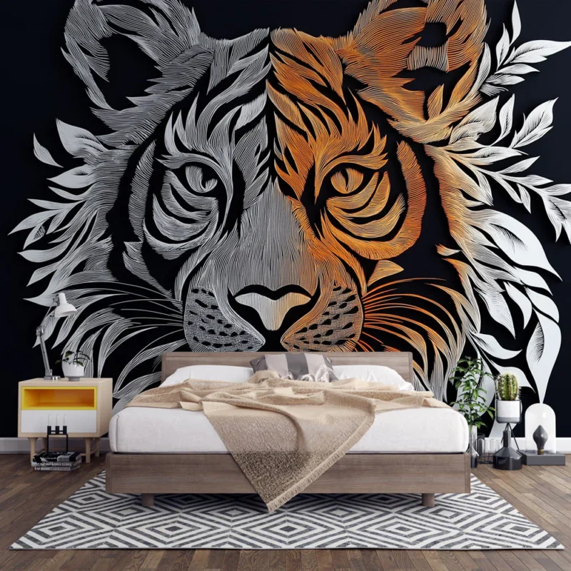 Bon Marché Papier peint tigre Motif artistique d‘un tigre stylisé en noir et orange