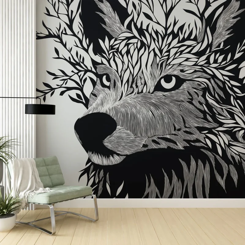 Authentique Papier peint loup floral Design monochrome d‘un loup entouré de feuilles