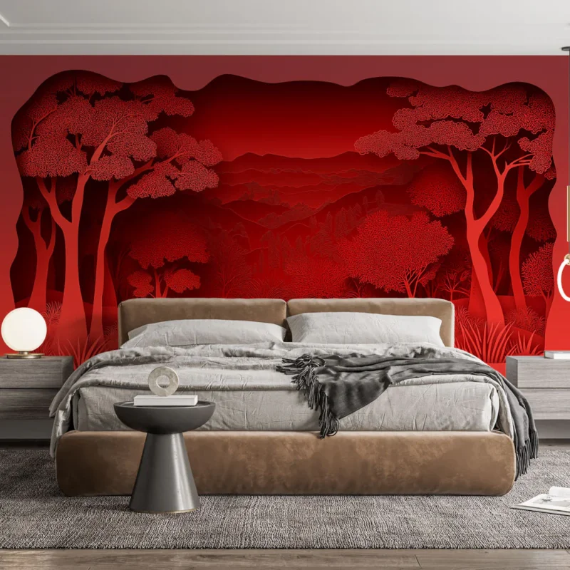 Papier peint forêt rouge Paysage stylisé de forêt rougeoyante Promotion Saisonnière