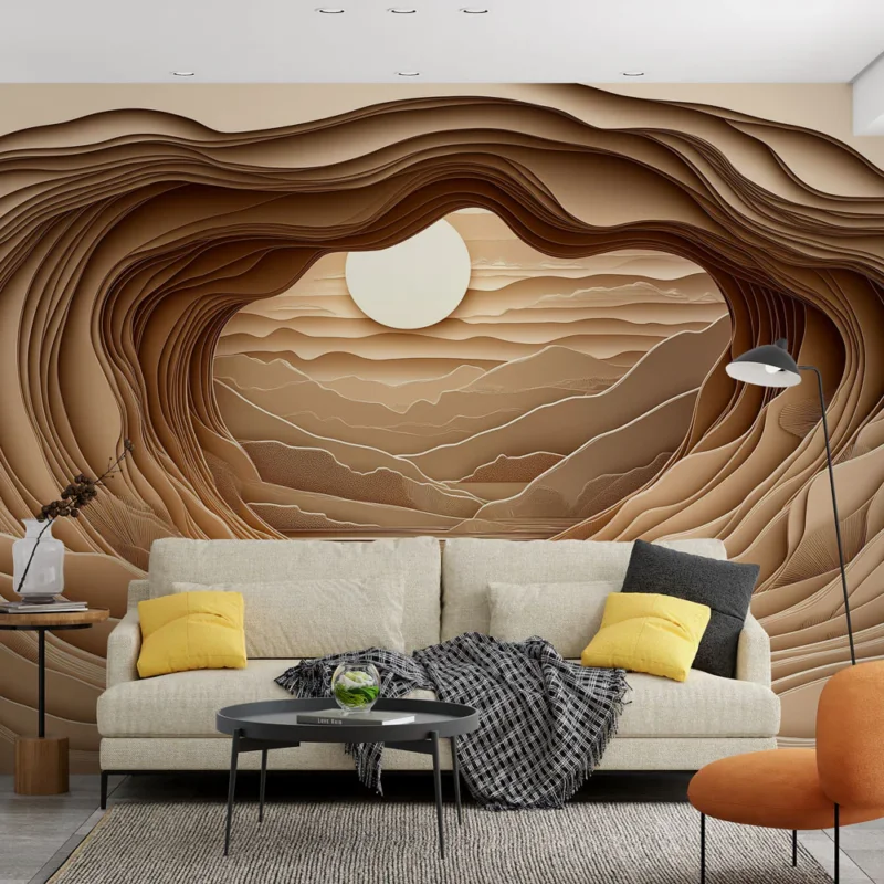 Affaire À Saisir Papier peint paysage en relief Vues en couches aux tons de beige avec soleil