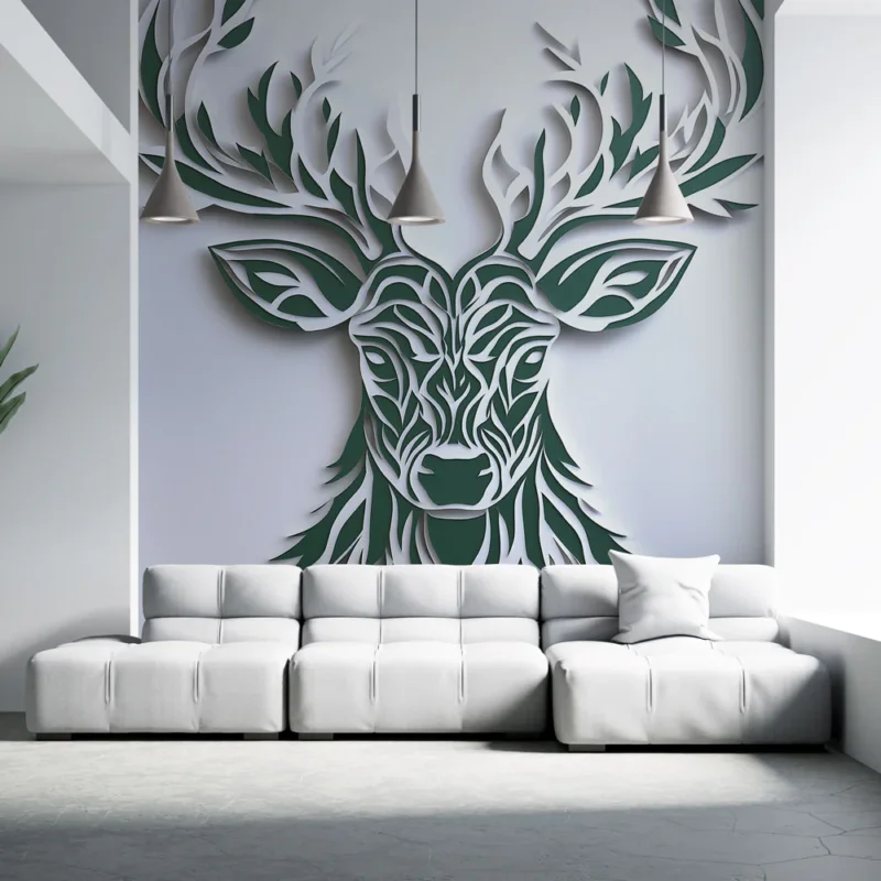 Papier peint cerf stylisé Motif en papier découpé représenté par un cerf aux cornes ornées de feuillage Offre Limitée