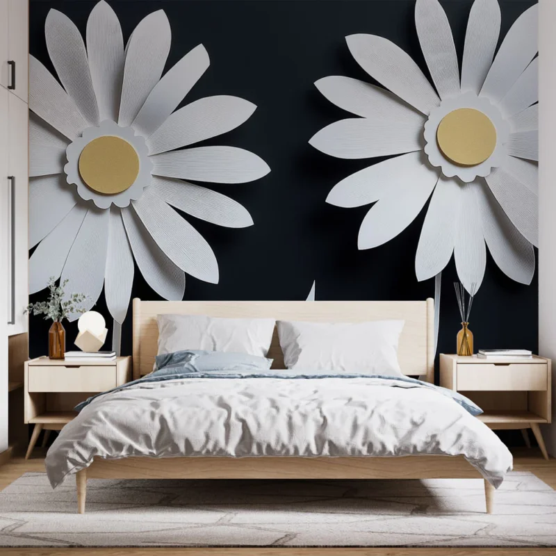 Dernière Chance Papier peint fleurs en papier Motifs de fleurs blanches sur fond noir