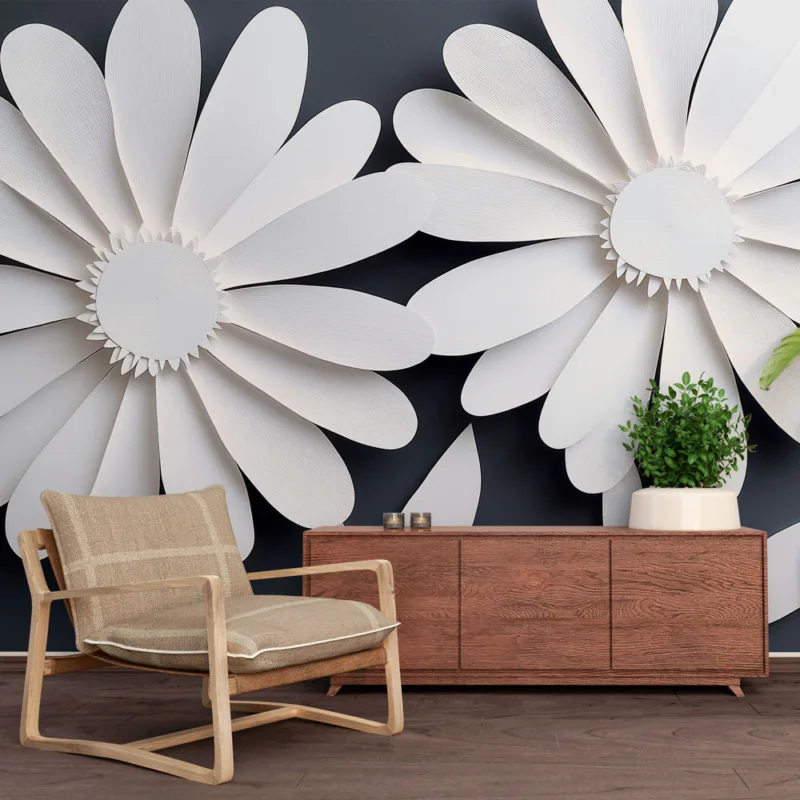 Papier peint fleurs en papier Grande composition florale blanche sur fond noir Certifié