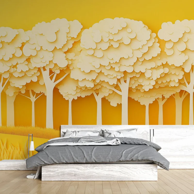 Papier peint arbre jaune Arbres en papier découpé sur fond jaune éclatant Populaire