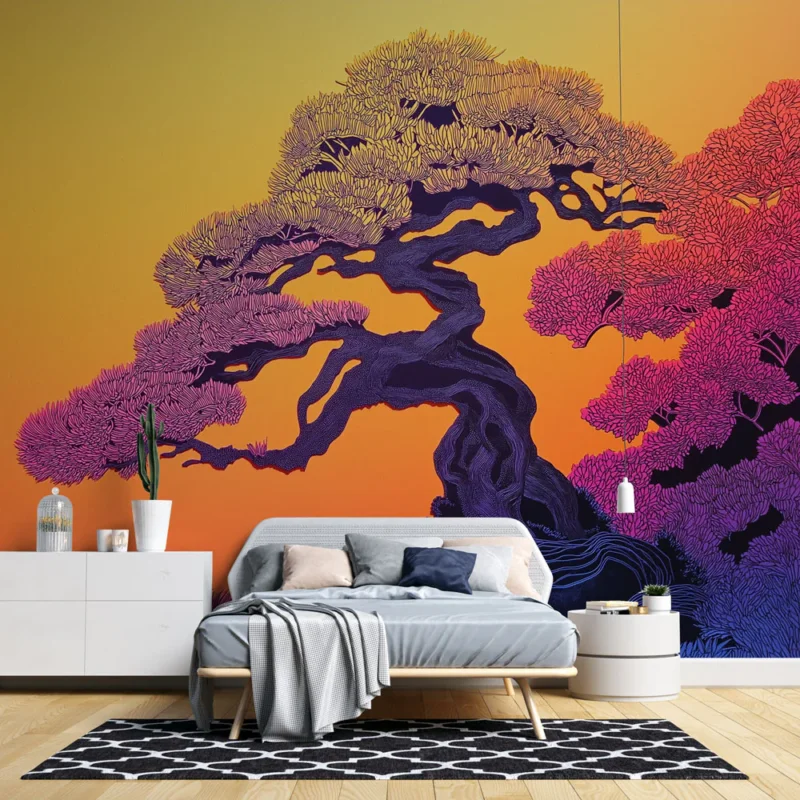 Papier peint arbre stylisé Arbre aux couleurs vibrantes sur fond dégradé Prix Bas