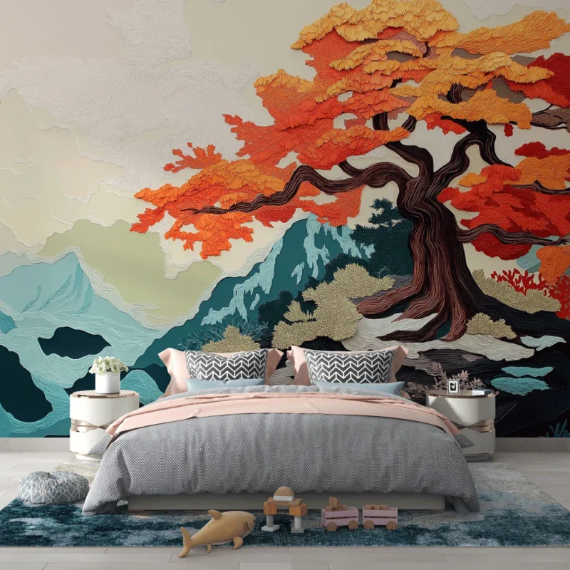Papier peint arbre d‘automne Un magnifique paysage stylisé avec un arbre aux feuilles vives Pas Cher