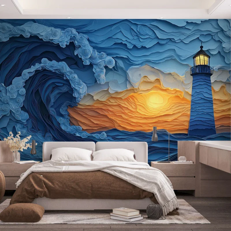 Jusqu'à Épuisement Des Stocks Papier peint phare Phare illuminé au coucher de soleil et vagues stylisées