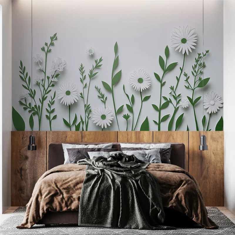 Papier peint floral Fleurs blanches en papier découpé avec feuillage vert Meilleur Prix