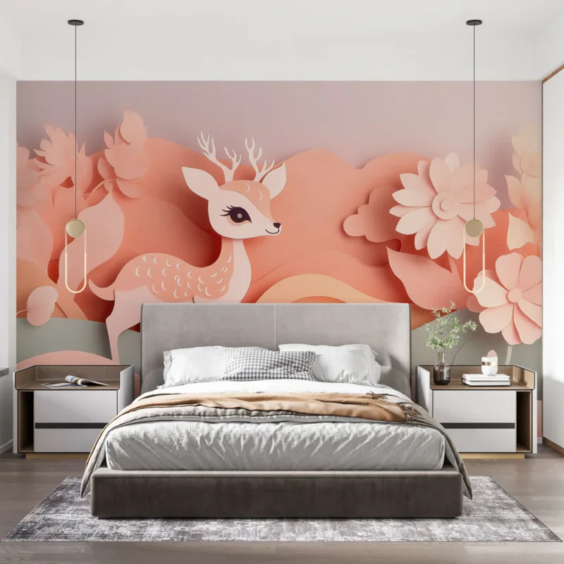 Bon Marché Papier peint faune et flore Bambi dans un jardin de fleurs en papier pastel