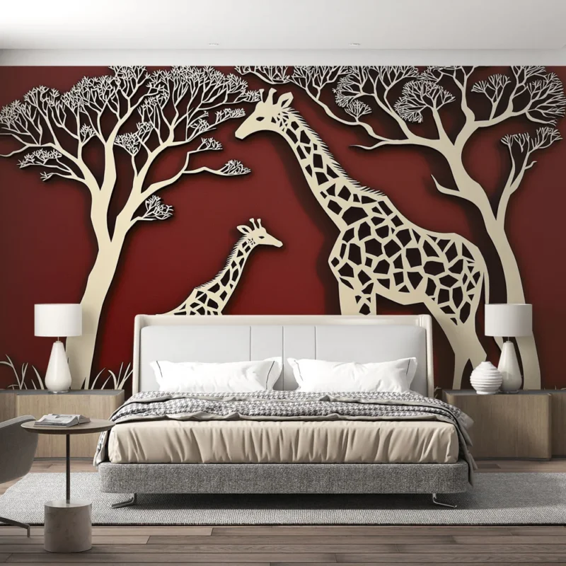 Papier peint girafe Silhouettes de girafes sur fond rouge élégant Dernière Chance