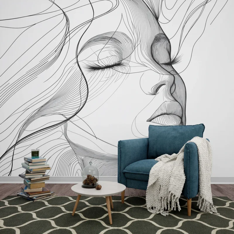 Papier peint ligne artistique Silhouette de visage minimaliste en lignes Prix Cassé